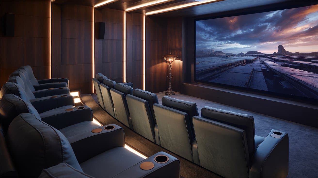 A luxury private home cinema installation in Ajmer with plush seating.