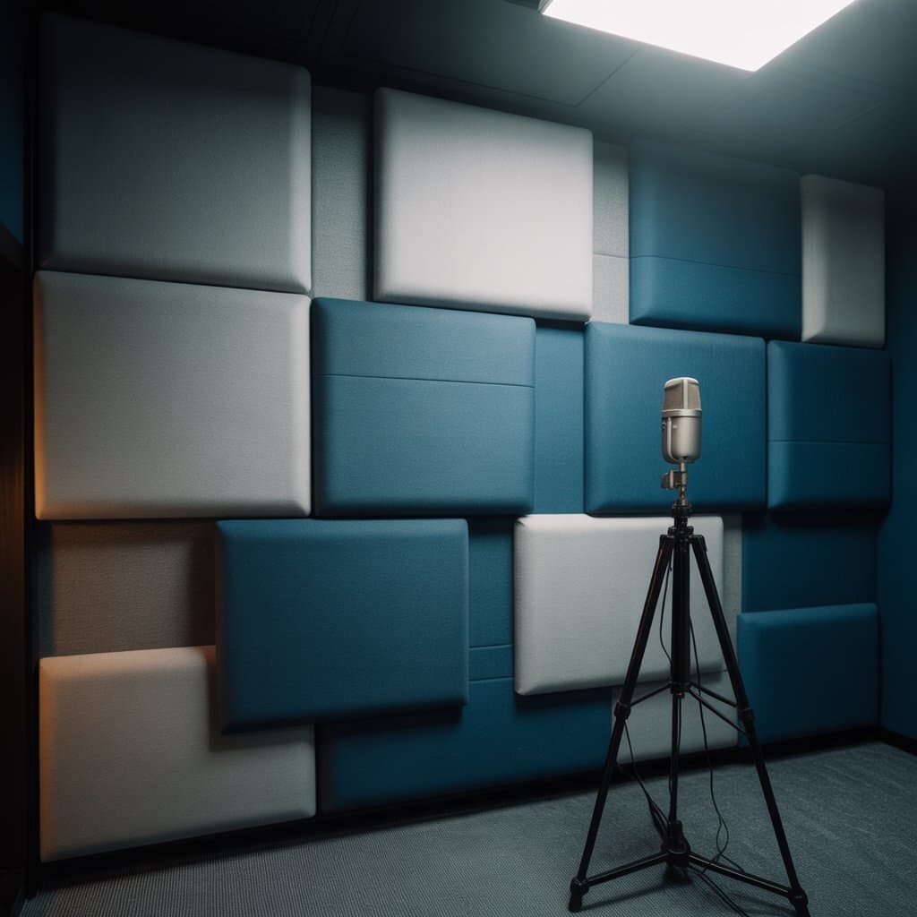 Acoustic panels providing sound treatment in a professional recording studio.