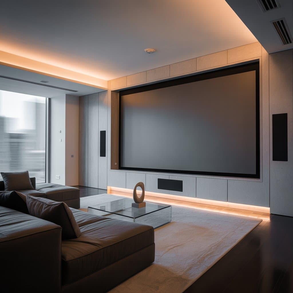 A minimalist media room with in-wall speakers and a hidden projector screen.